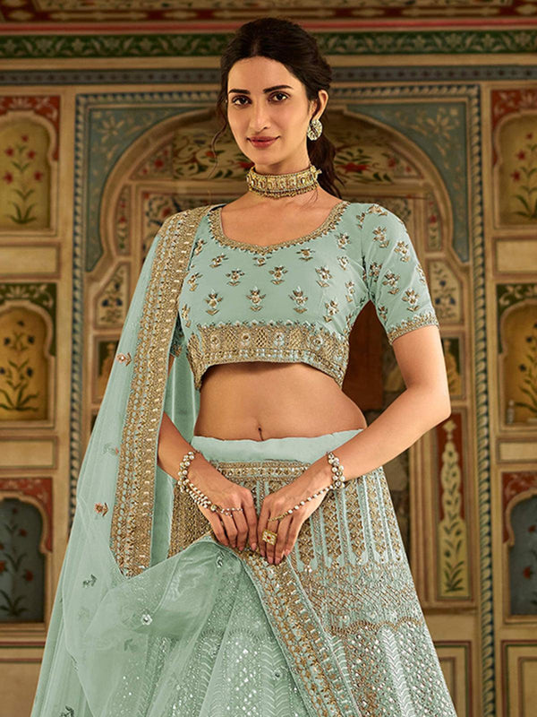 Women's Blue Color Organza Base Heavy Designer Lehenga - Odette