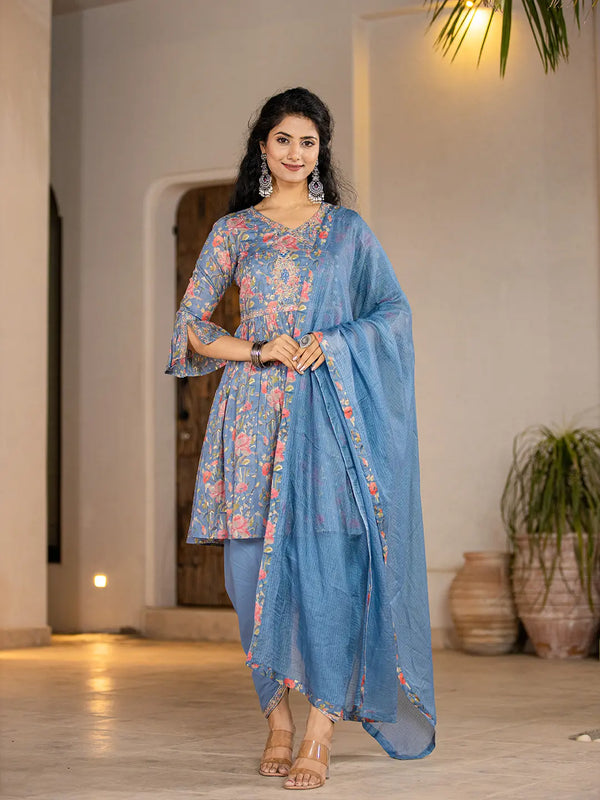 Blue Cotton Beads And Stones A-Line Gathers Kurta And Dhoti Pants With Dupatta Set-Indiakreations-JS1694SKDBLS