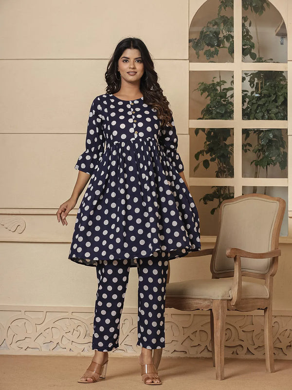 Blue Cotton Polka Dot Print Maternity Wear Kurta Pants Set