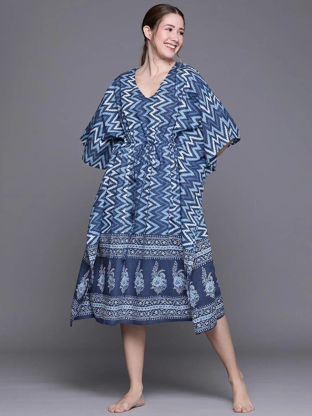 Blue Cotton Printed Kaftan Nightdress - Jashvi