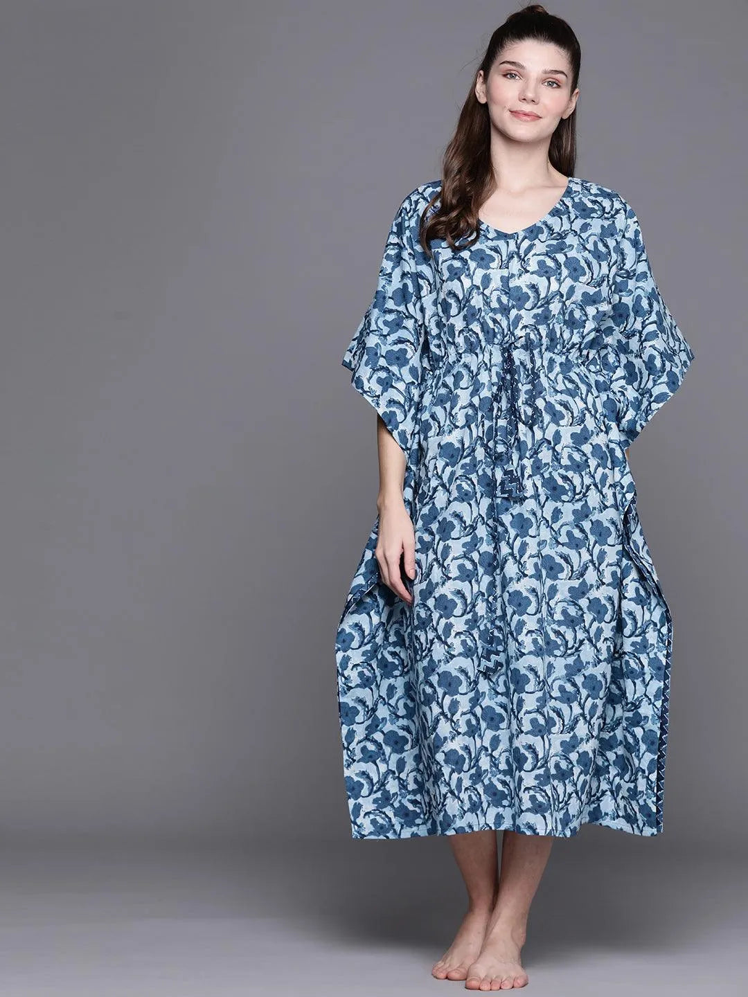 Blue Cotton Printed Kaftan Nightdress - Jashvi