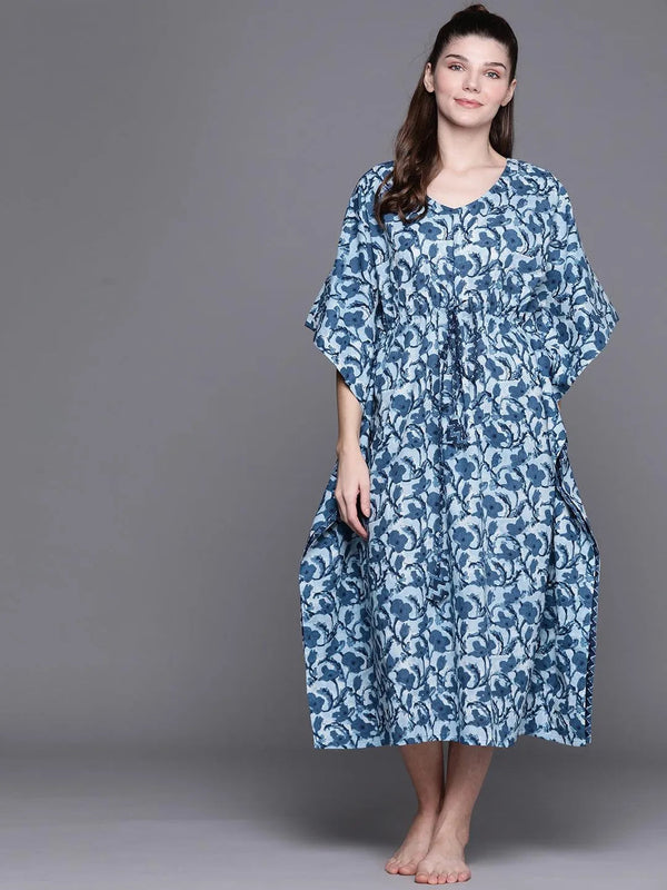 Blue Cotton Printed Kaftan Nightdress - Jashvi