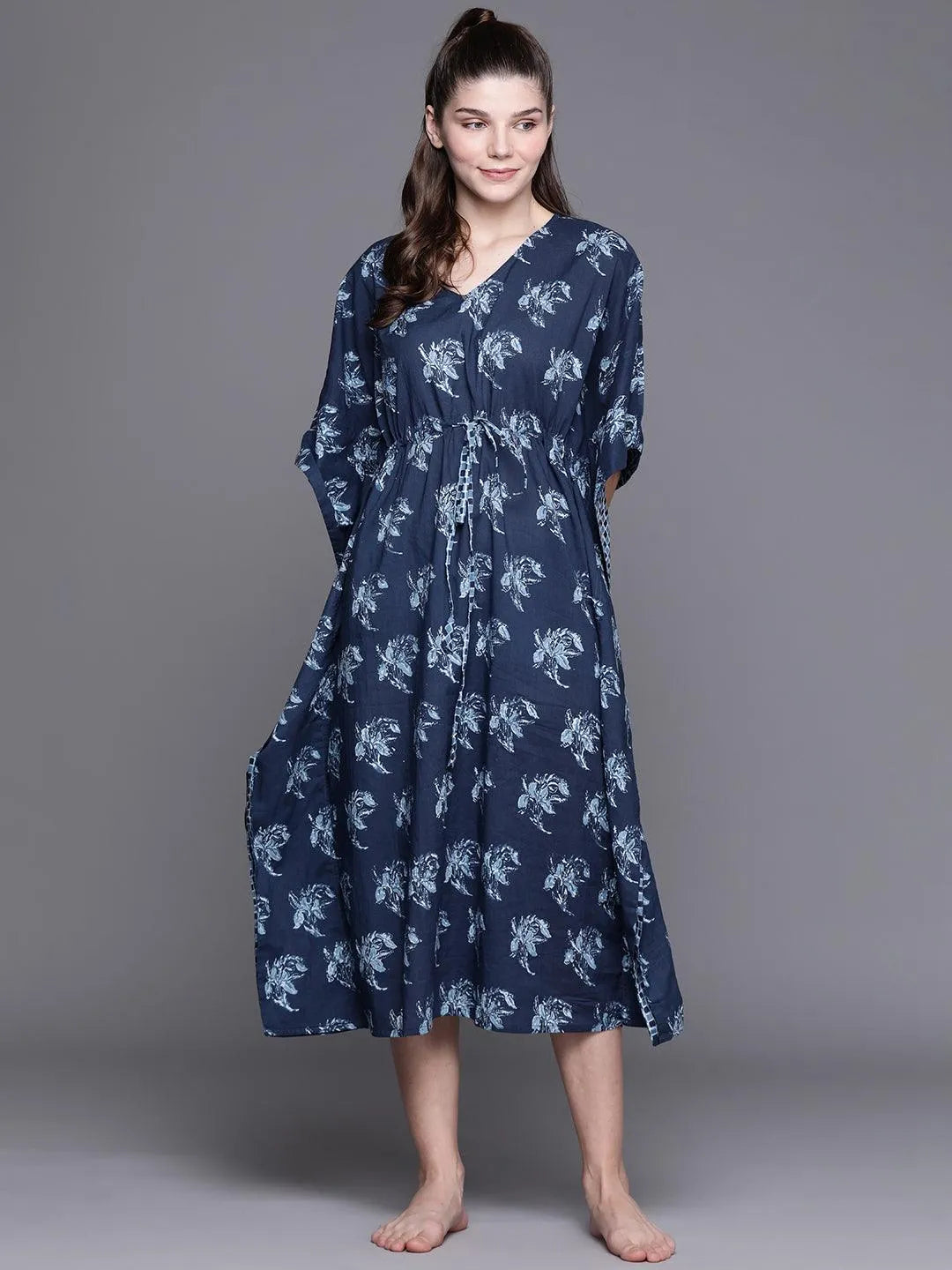 Blue Cotton Printed Kaftan Nightdress - Jashvi