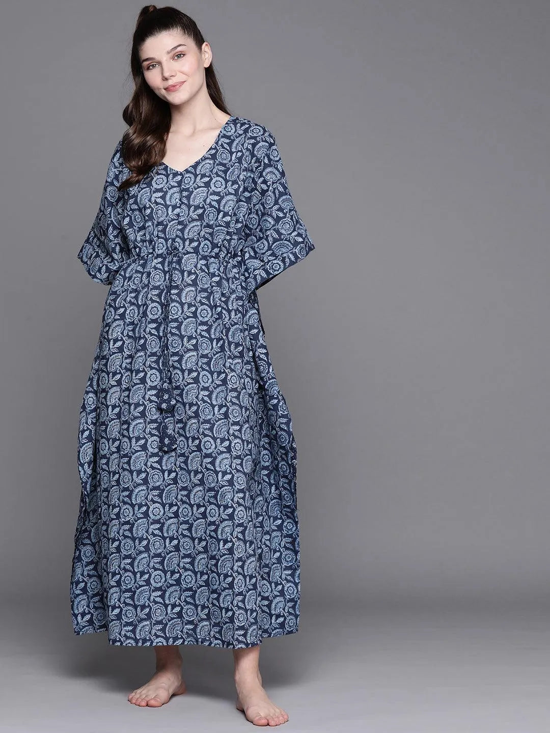 Blue Cotton Printed Kaftan Nightdress - Jashvi