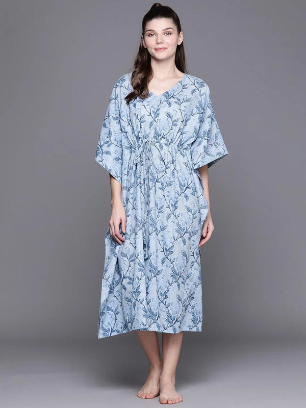 Blue Cotton Printed Kaftan Nightdress - Jashvi