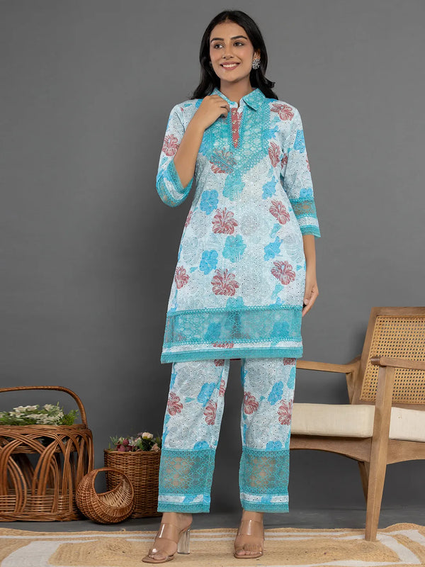 Blue Cotton Schiffli Co-Ord Set With Lace Detailing