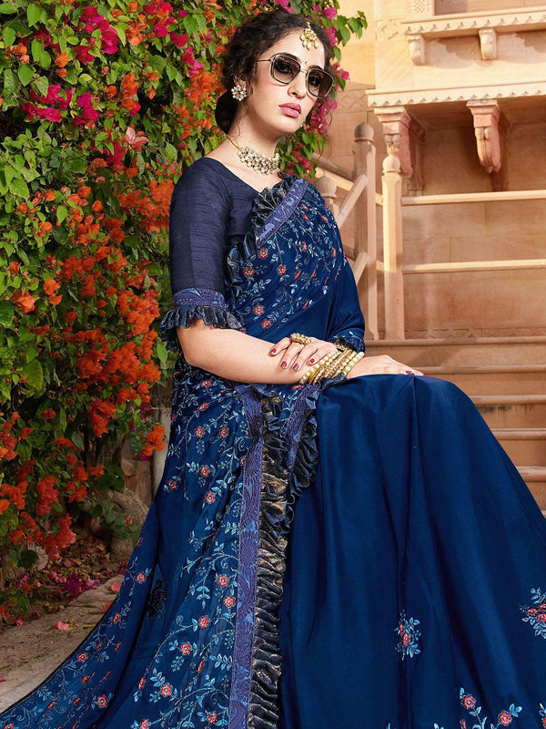 Women's Blue Designer Art Silk Heavy Embroidered Saree - Odette