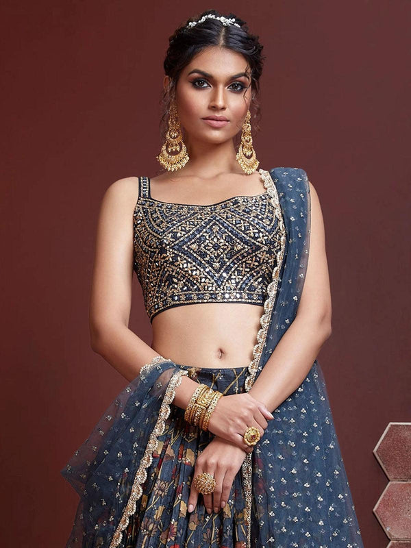 Women's Blue Digital Print With Heavy Embroidery Lehenga Choli - Odette