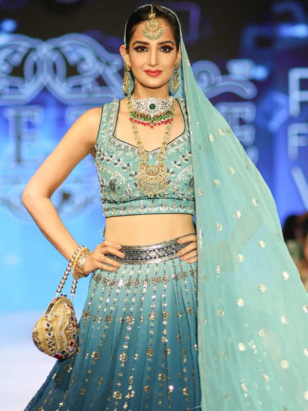 Women's Blue Dual Tone Georgette Lehenga Set - Odette