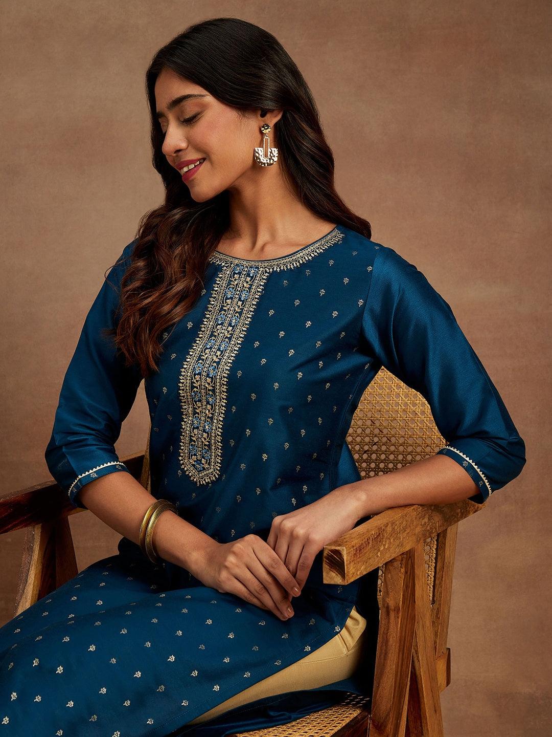 Blue Embellished Chanderi Silk Straight Kurta - Jashvi