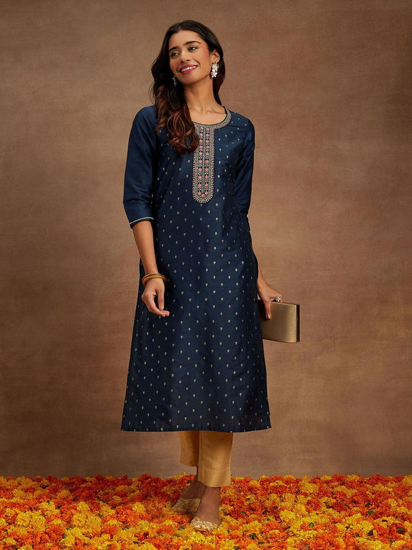 Blue Embellished Chanderi Silk Straight Kurta - Jashvi