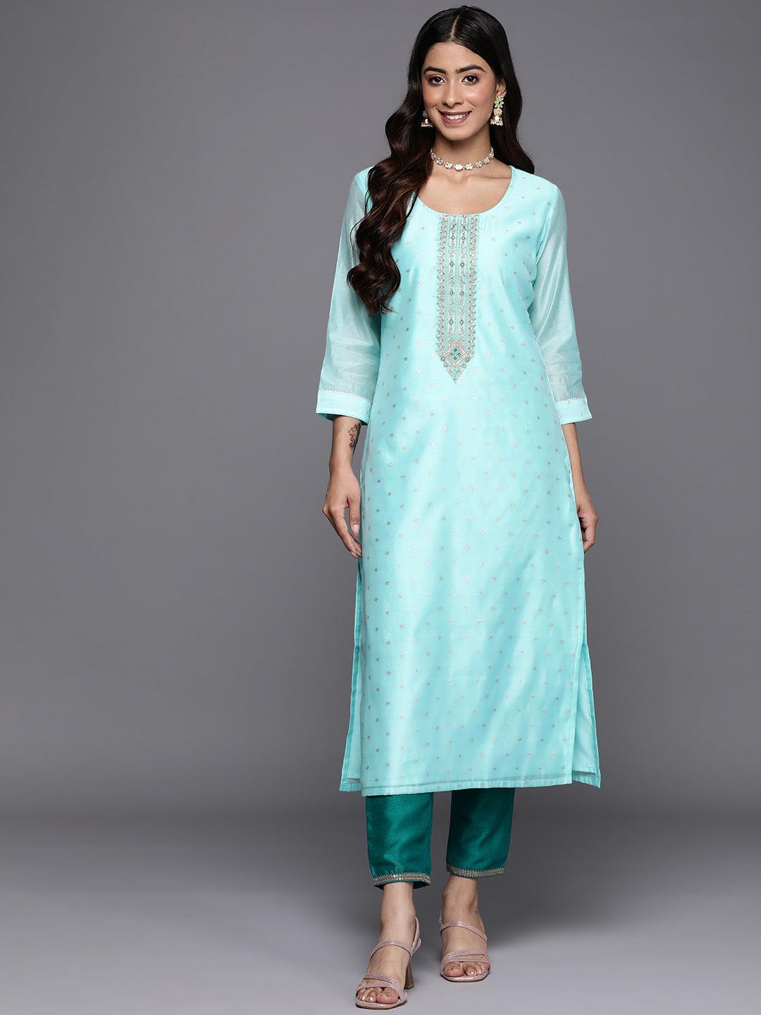 Blue Embellished Chanderi Silk Straight Kurta - Jashvi