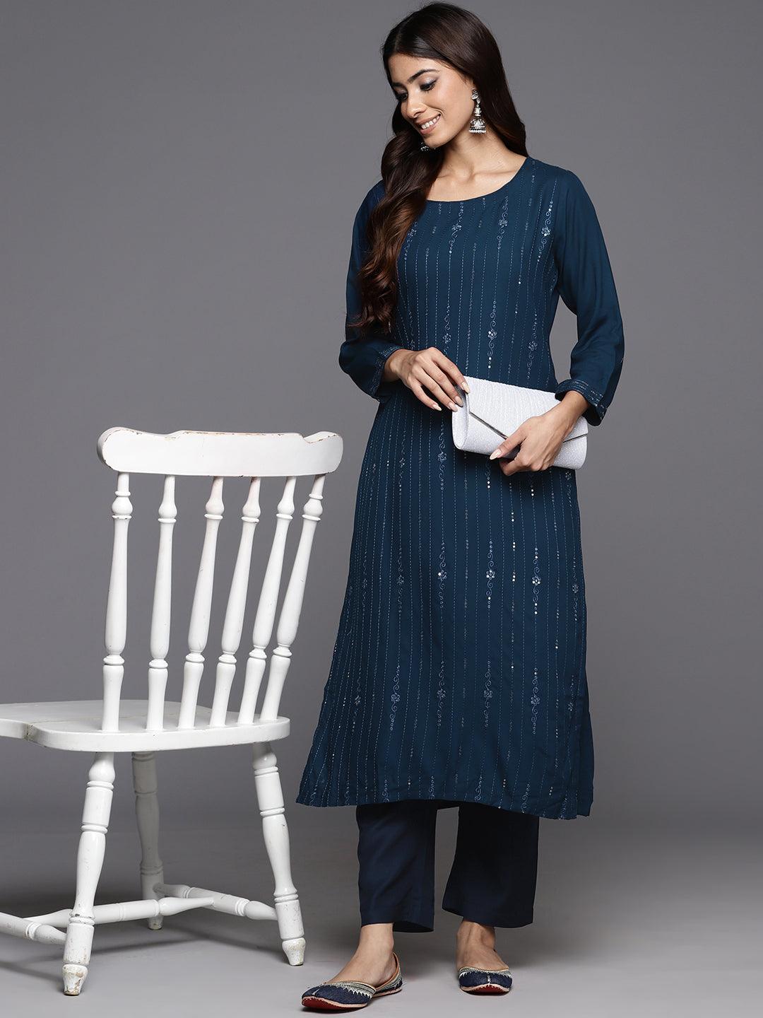 Blue Embellished Rayon Straight Kurta - Jashvi