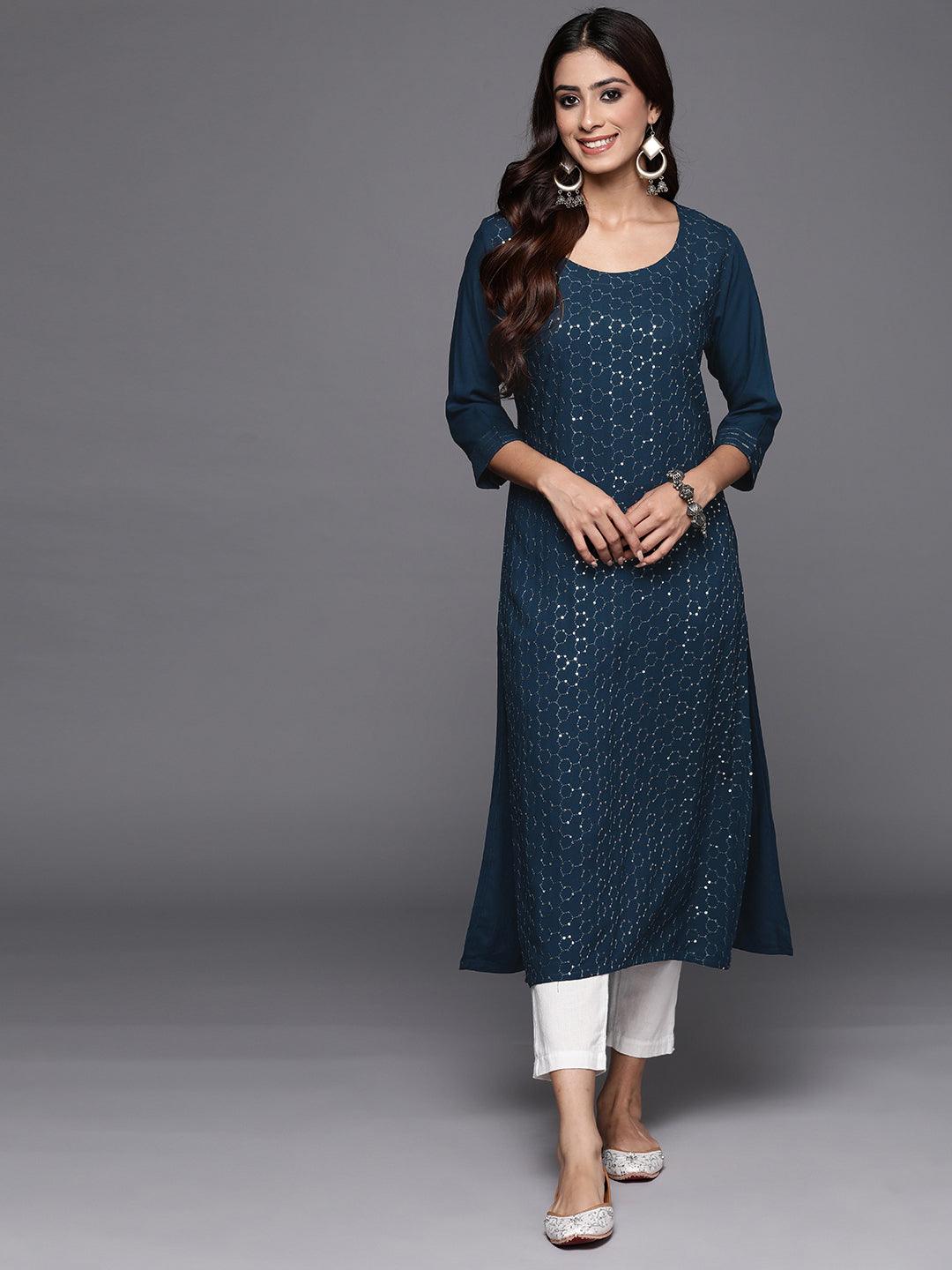 Blue Embellished Rayon Straight Kurta - Jashvi