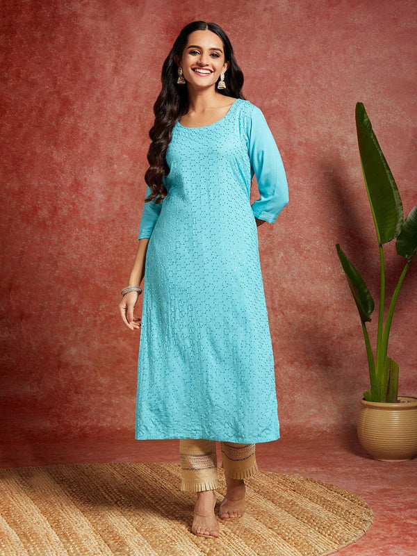 Blue Embellished Rayon Straight Kurta - Jashvi