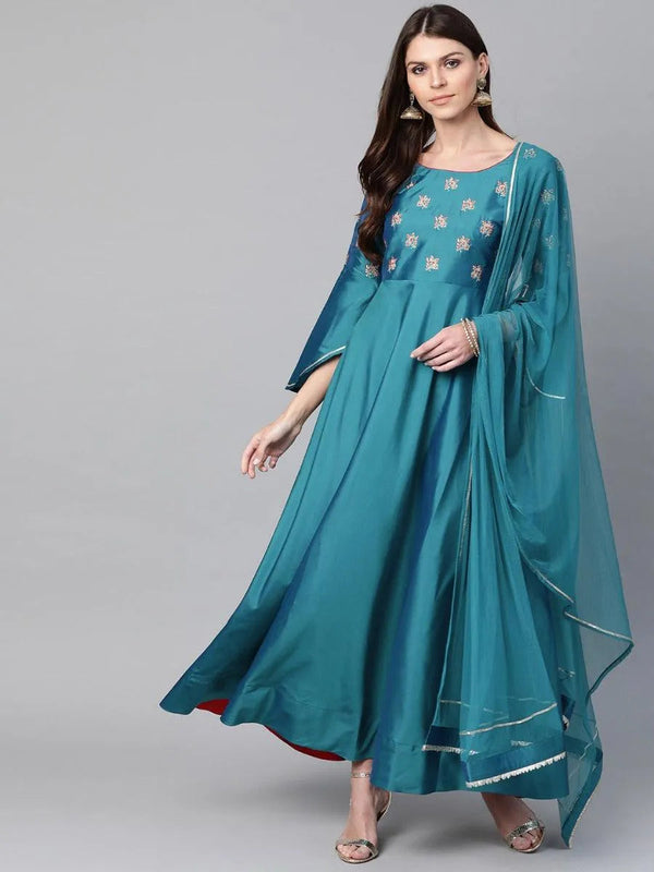 Blue Embroidered Chanderi Dress With Dupatta - Jashvi