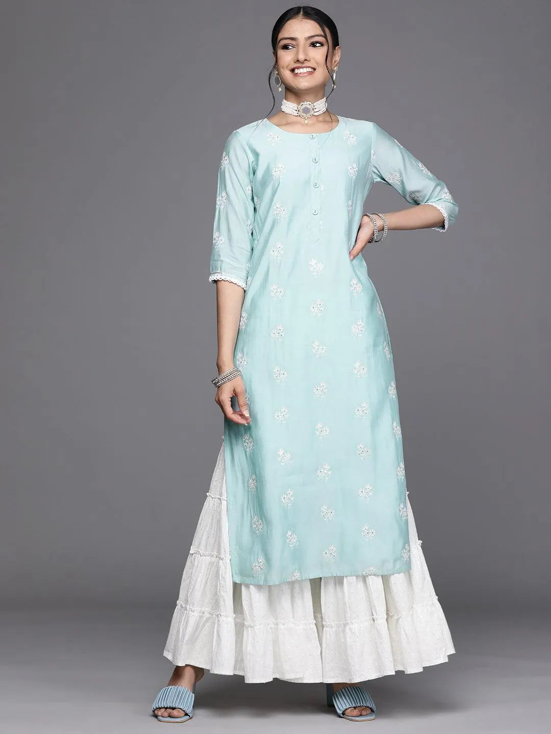 Blue Embroidered Chanderi Silk Kurta - Jashvi