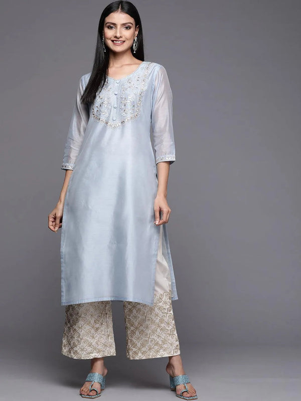 Blue Embroidered Chanderi Silk Straight Kurta - Jashvi