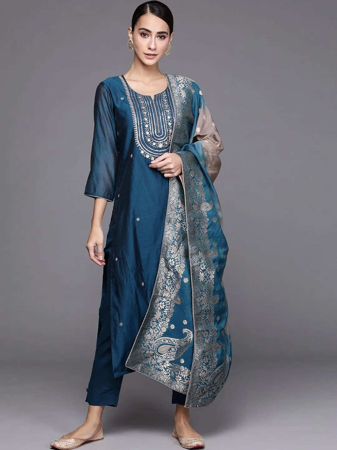 Blue Embroidered Chanderi Silk Suit Set - Jashvi