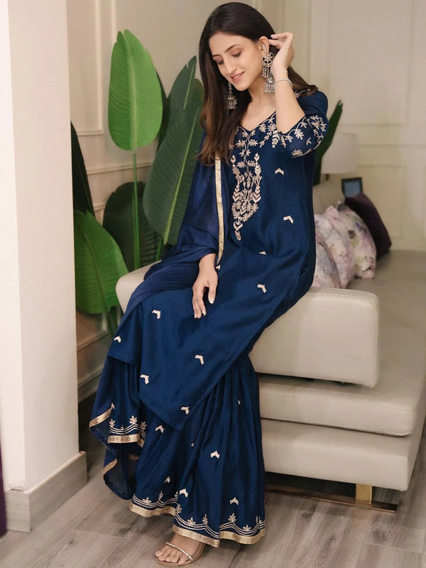 Blue Embroidered Chanderi Silk Suit Set - Jashvi