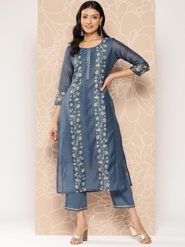 Blue Embroidered Chanderi Silk Straight Kurta With Trousers - Jashvi