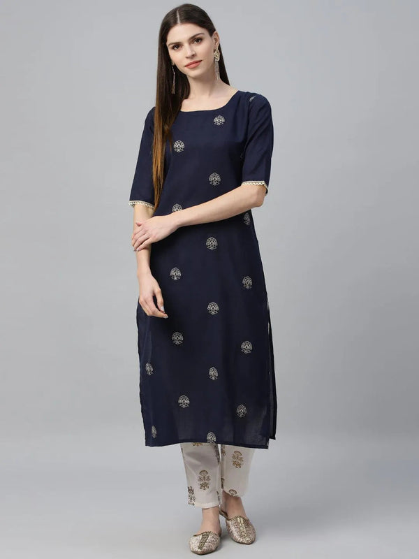 Blue Embroidered Cotton Kurta