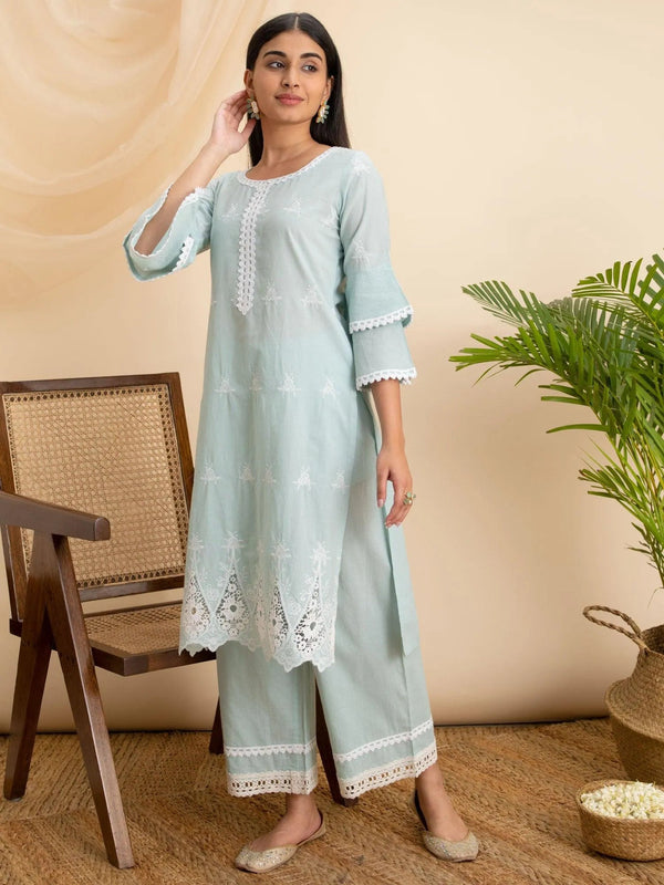 Blue Embroidered Cotton Kurta - Jashvi