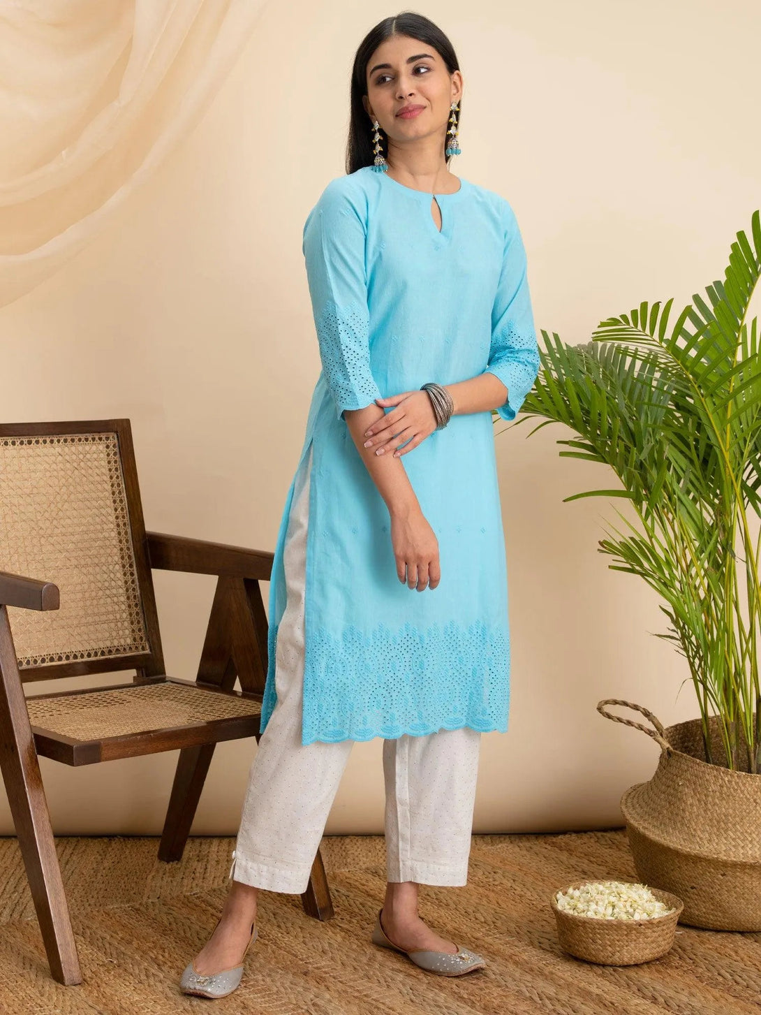 Blue Embroidered Cotton Kurta - Jashvi