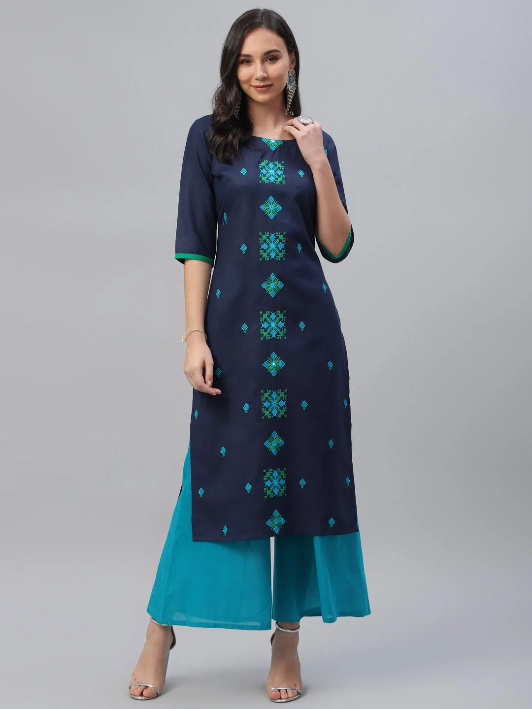 Blue Embroidered Cotton Kurta - Jashvi