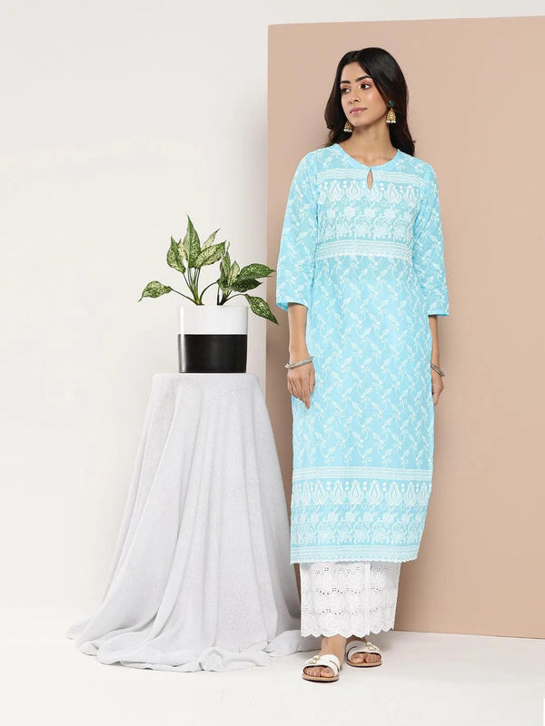 Blue Embroidered Cotton Straight Kurta - Jashvi