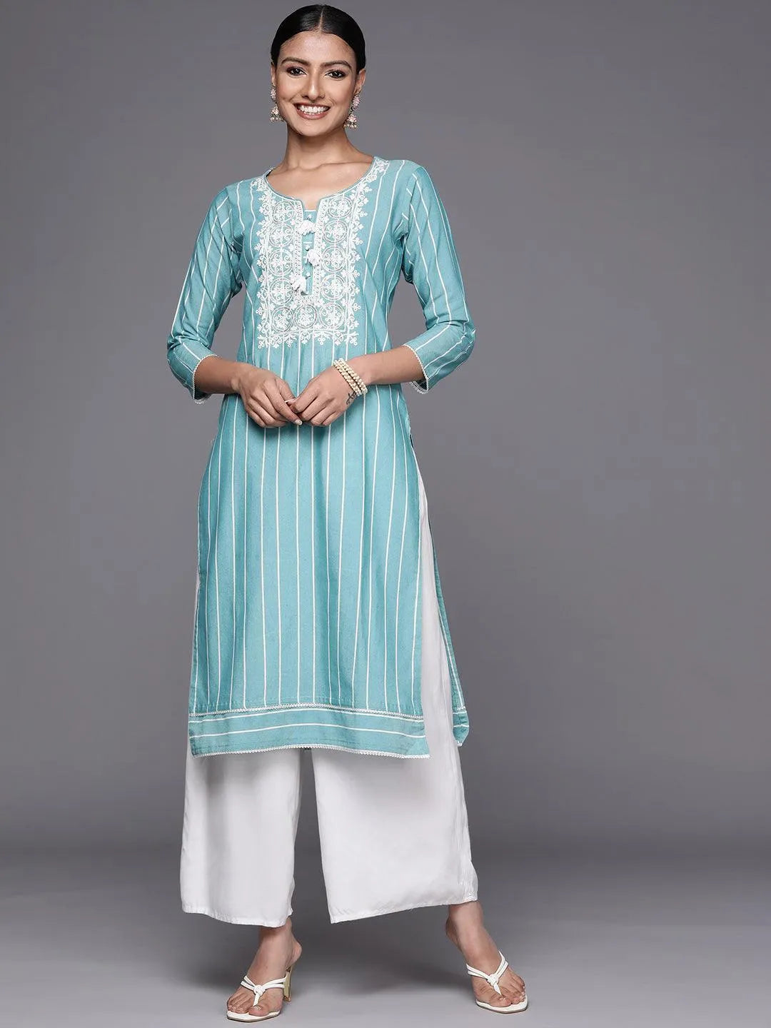 Blue Embroidered Cotton Straight Kurta - Jashvi