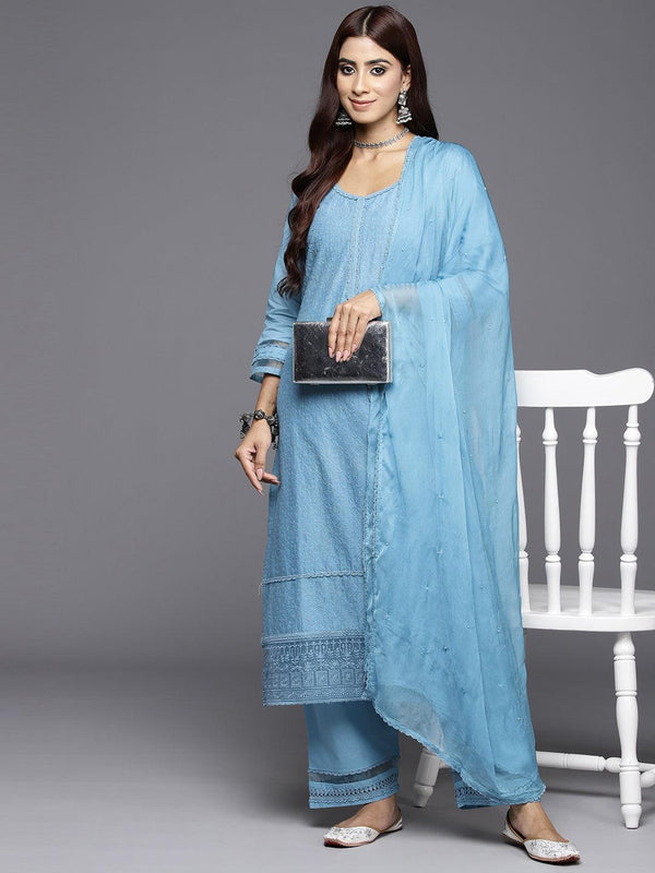 Blue Embroidered Cotton Straight Kurta With Trousers & Dupatta - Jashvi