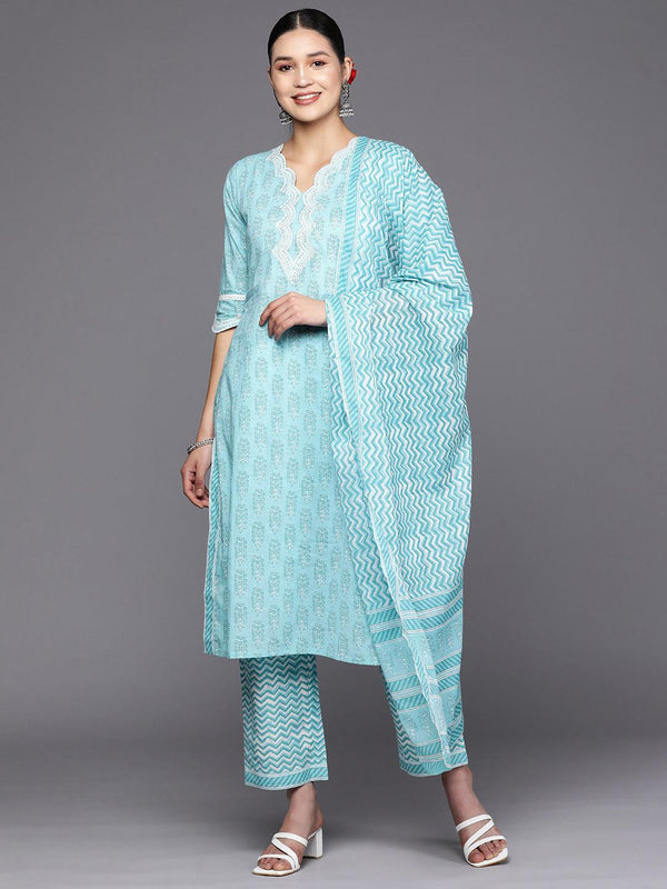 Blue Embroidered Cotton Straight Suit Set With Trousers - Jashvi