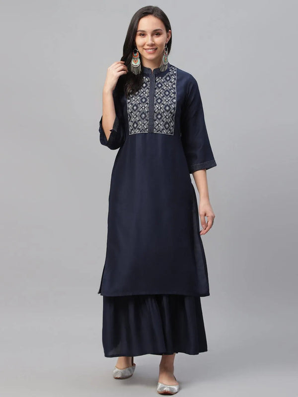 Blue Embroidered Crepe Kurta - Jashvi