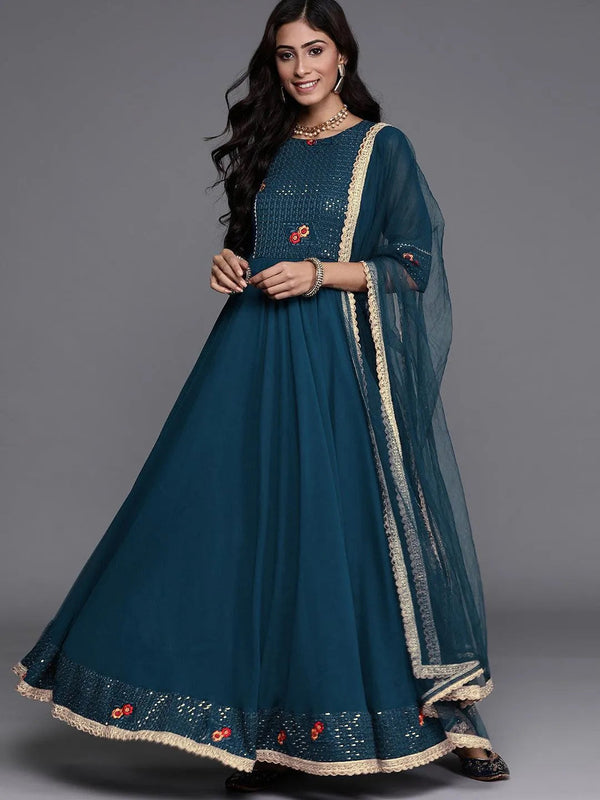 Blue Embroidered Georgette Suit Set - Jashvi