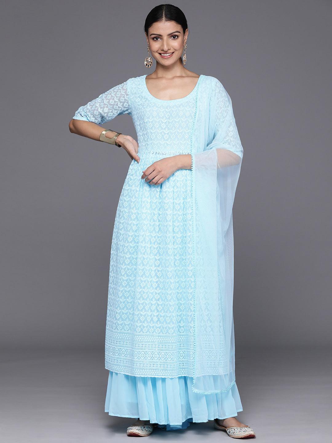 Blue Embroidered Georgette A-Line Kurta With Palazzos & Dupatta - Jashvi