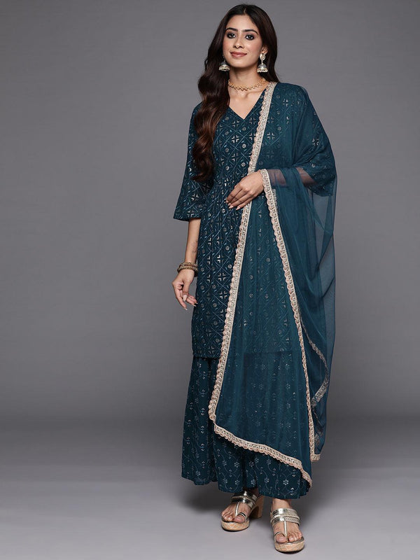 Blue Embroidered Georgette A-Line Kurta With Sharara & Dupatta - Jashvi