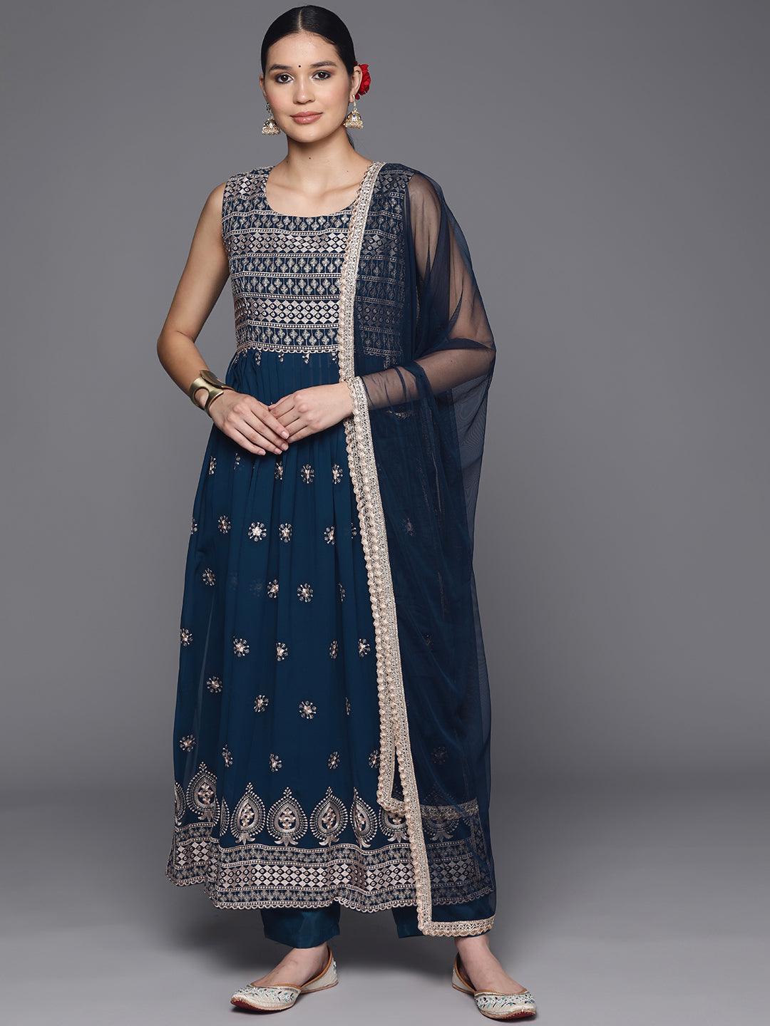 Blue Embroidered Georgette A-Line Kurta With Trousers & Dupatta - Jashvi