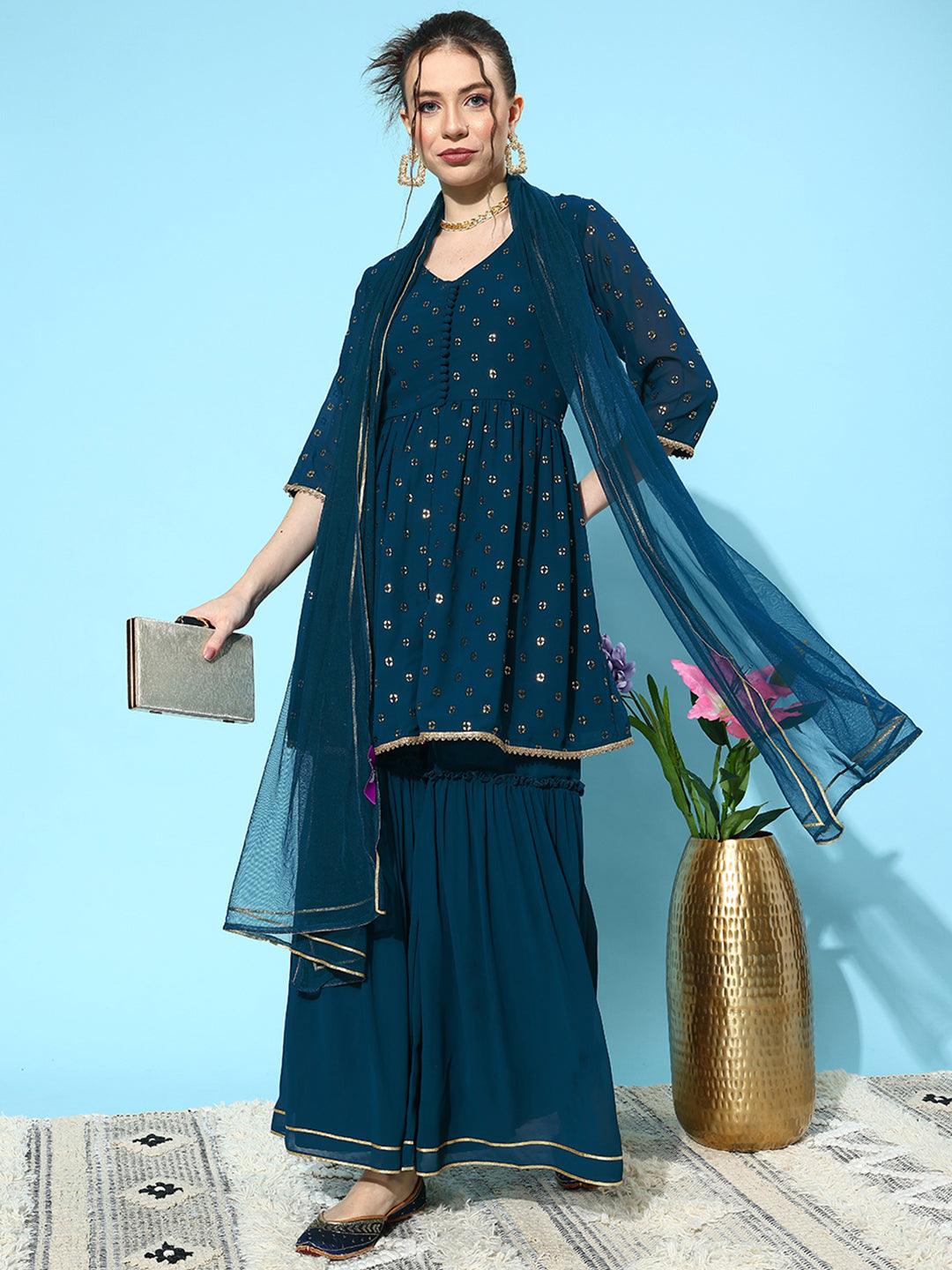 Blue Embroidered Georgette A-Line Kurti With Sharara & Dupatta - Jashvi