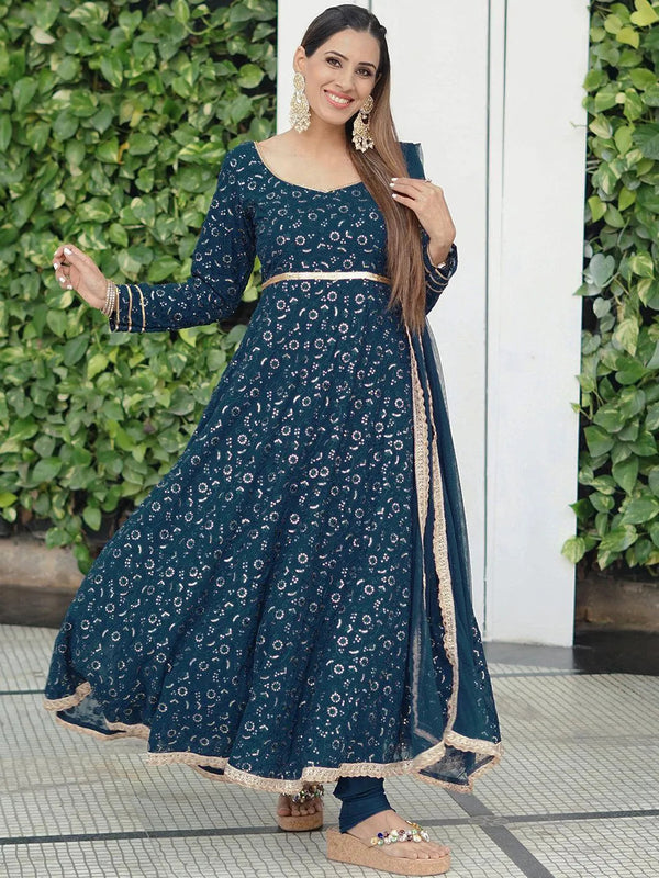 Blue Embroidered Georgette Anarkali Kurta With Churidar & Dupatta - Jashvi