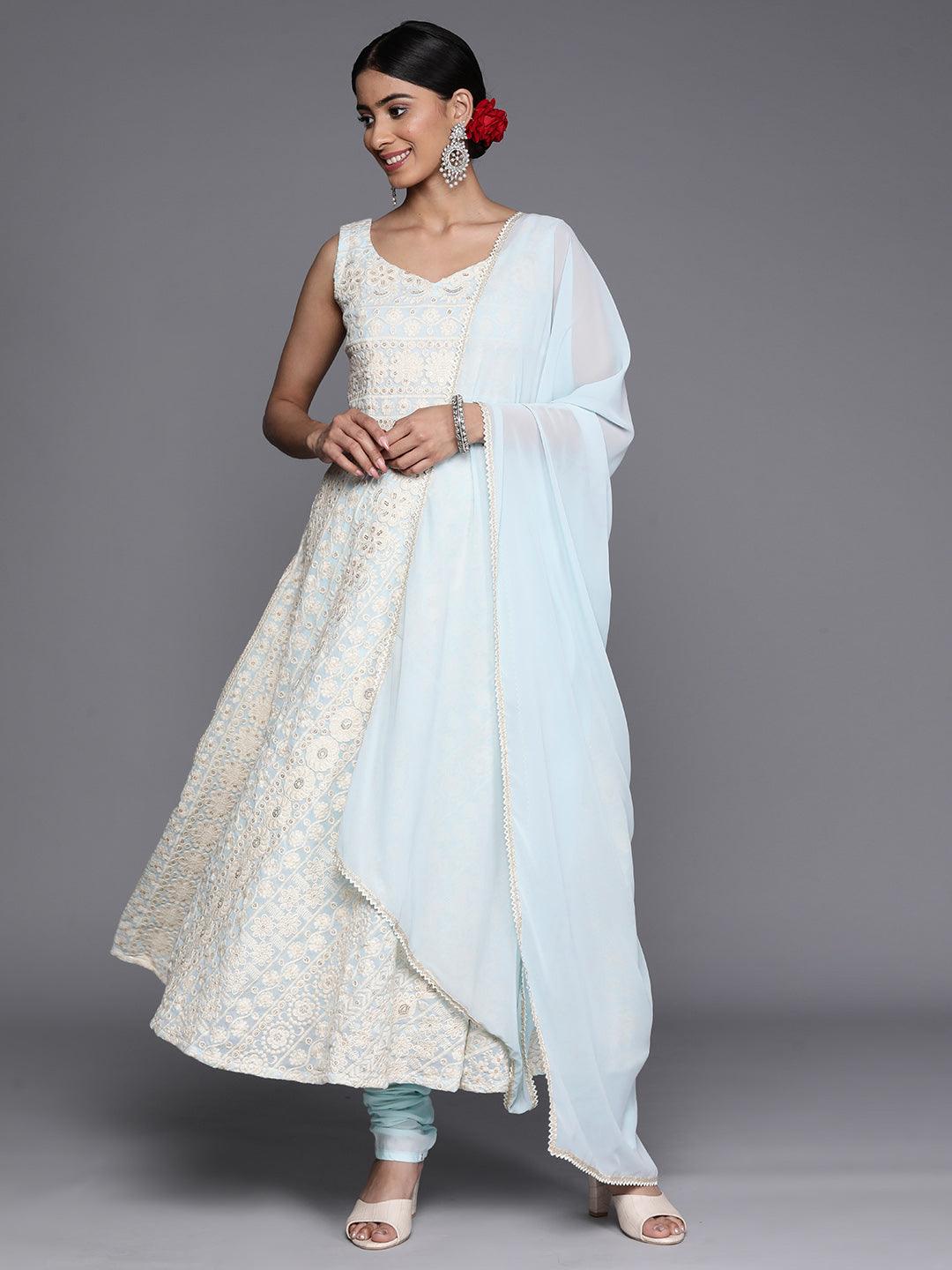 Blue Embroidered Georgette Anarkali Suit Set With Churidar - Jashvi