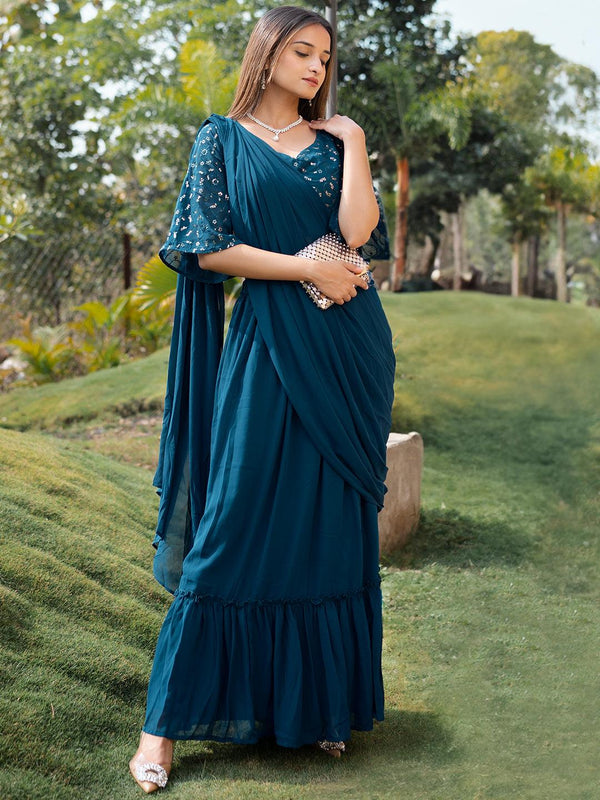 Blue Embroidered Georgette Saree - Jashvi