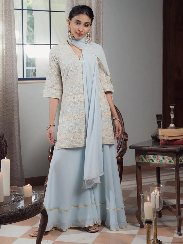 KASHVI Blue Embroidered Georgette Suit Set - Jashvi