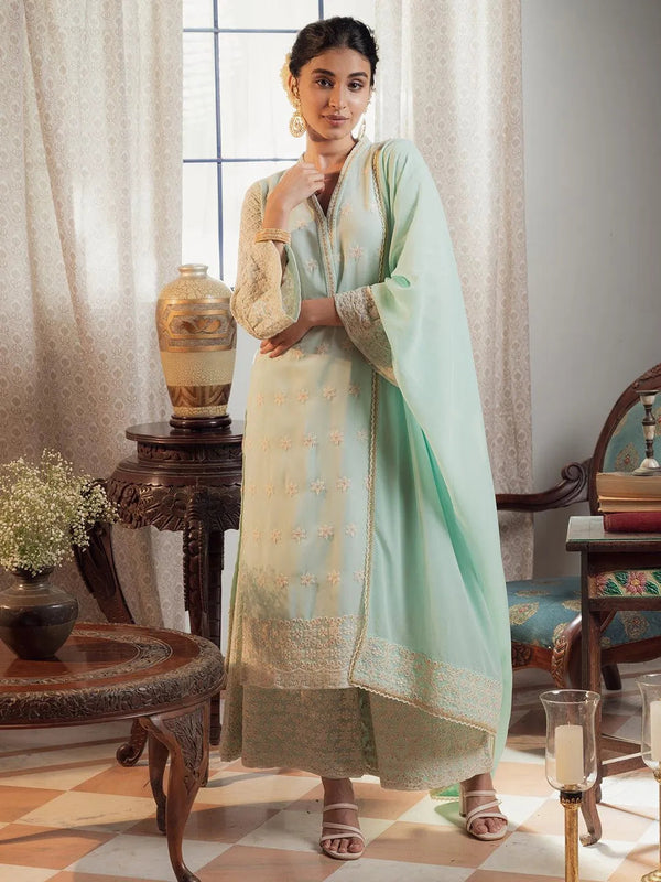 Blue Embroidered Georgette Suit Set - Jashvi