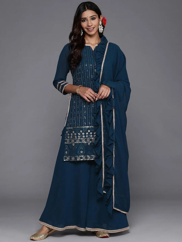 Blue Embroidered Georgette Straight Suit Set With Skirt - Jashvi