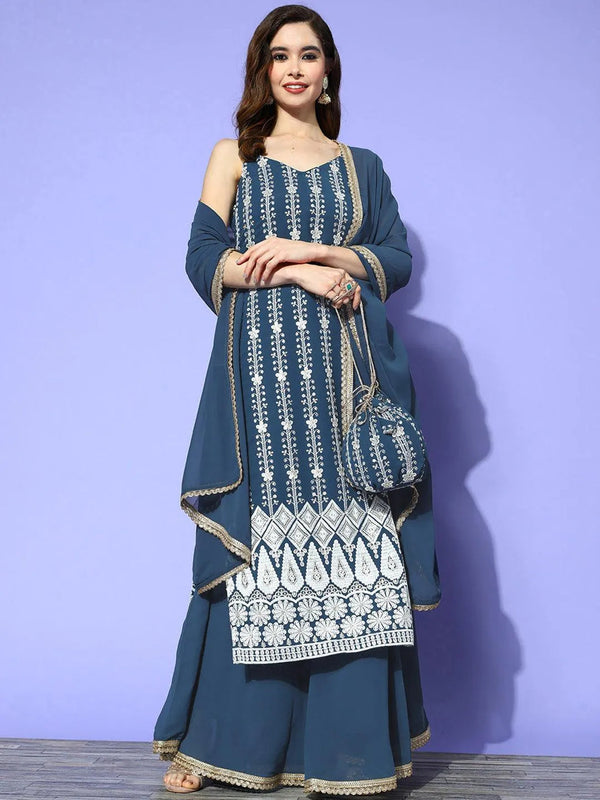 Blue Embroidered Georgette Straight Suit Set With Skirt - Jashvi