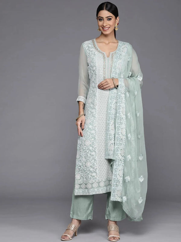 Blue Embroidered Poly Georgette Straight Suit Set - Jashvi