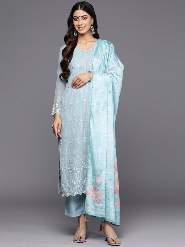 Blue Embroidered Georgette Straight Suit Set With Trousers - Jashvi