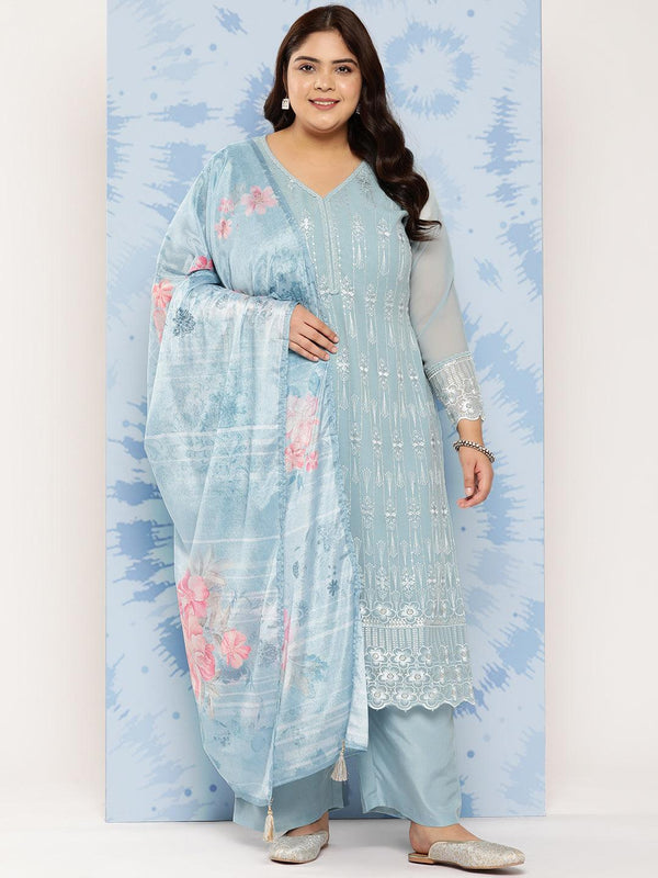 Blue Embroidered Georgette Straight Kurta With Trousers and Dupatta - Jashvi