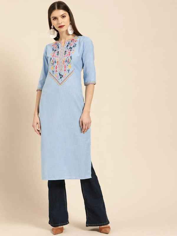 Blue Embroidered Linen Kurta - Jashvi